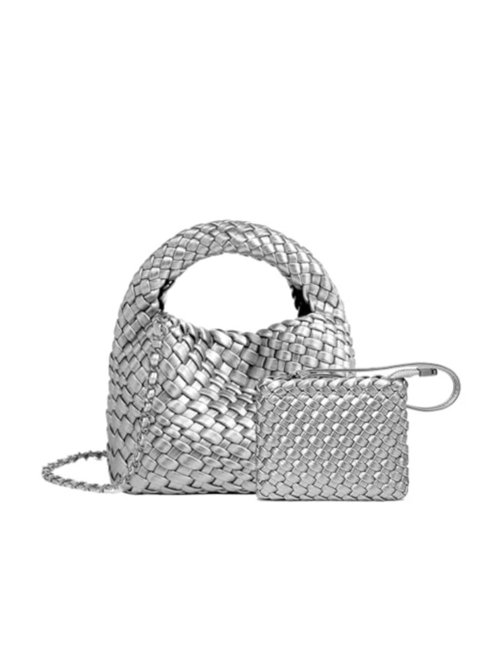 Vegan Leather Woven Tote Bucket Bag Chain Strap Crossbody Shoulder Purse